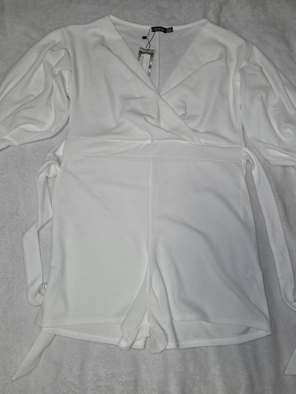 Boohoo White Wrap Front Long Sleeve Romper